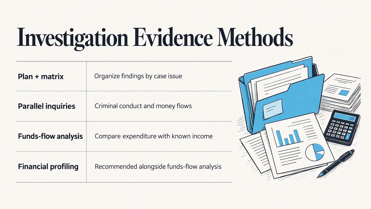Evidence matrix and parallel funds-flow investigation